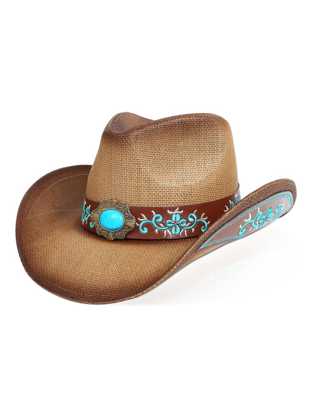 Brown Straw Western Hat with Turquoise Accents